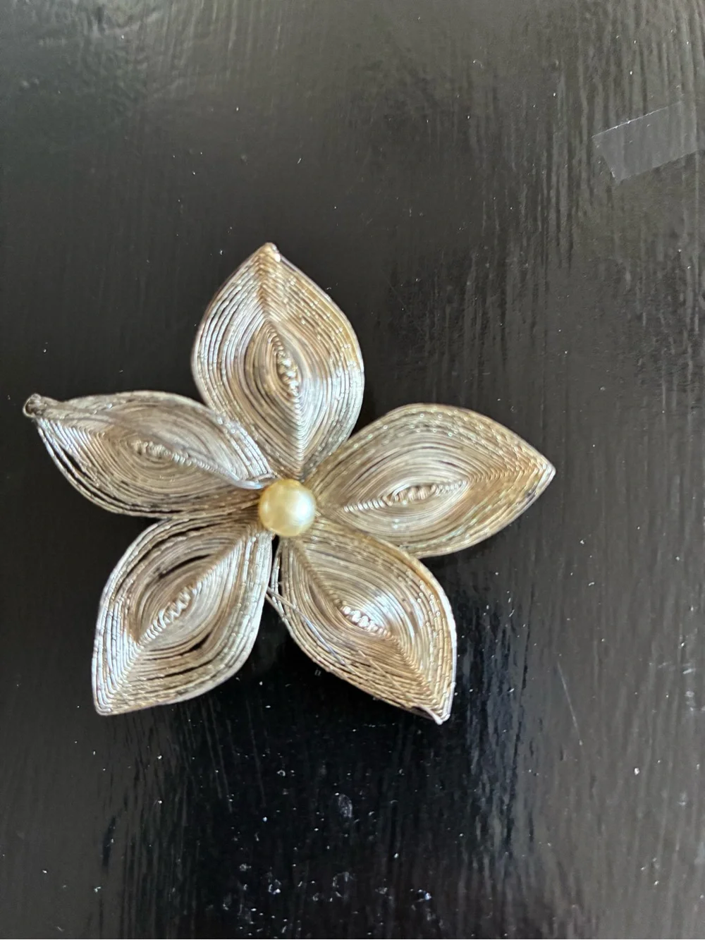 Silver Floral Five-Petal Brooch with Pearl Center